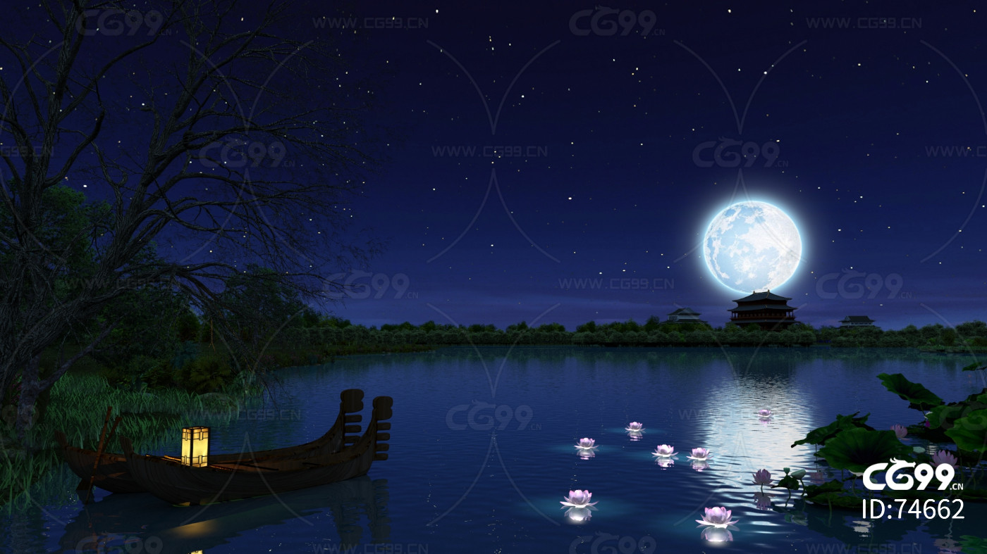 小船 荷塘月色 湖边 公园夜景带船 荷花 月亮的动画