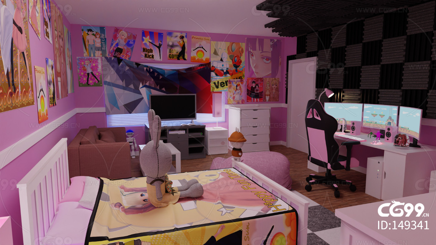 女孩房间 玩家女孩房间 电竞房 卡通房间 粉红色儿童房