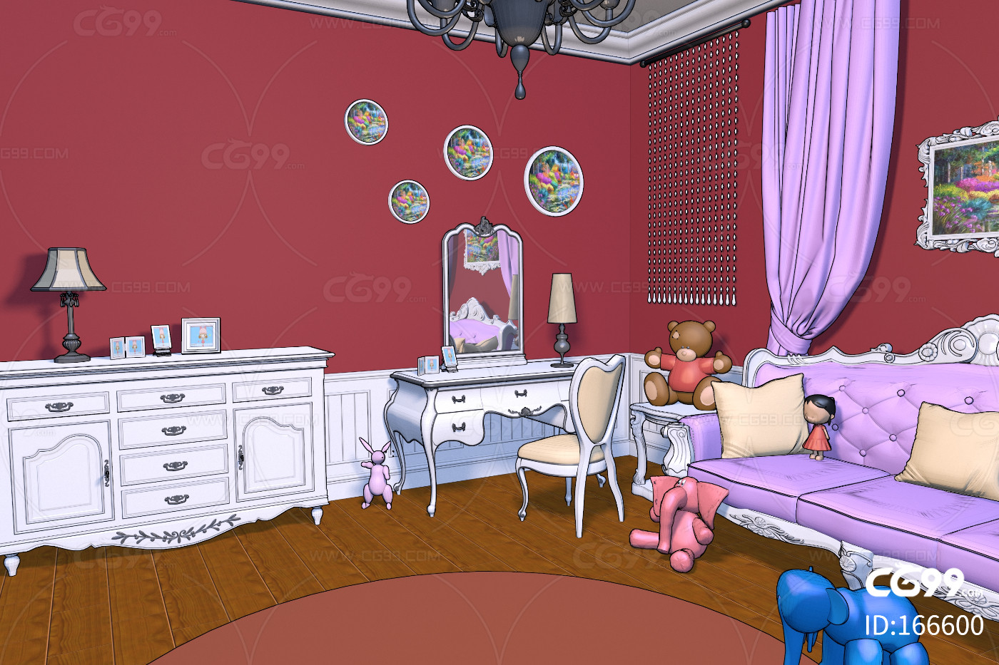 漫画卡通场景卧室儿童少女房间装饰油画梳妆台柜子欧式柜子沙发
