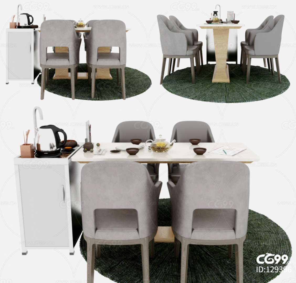 现代茶餐台餐桌椅组合3d模型 餐桌椅 工装 沙发