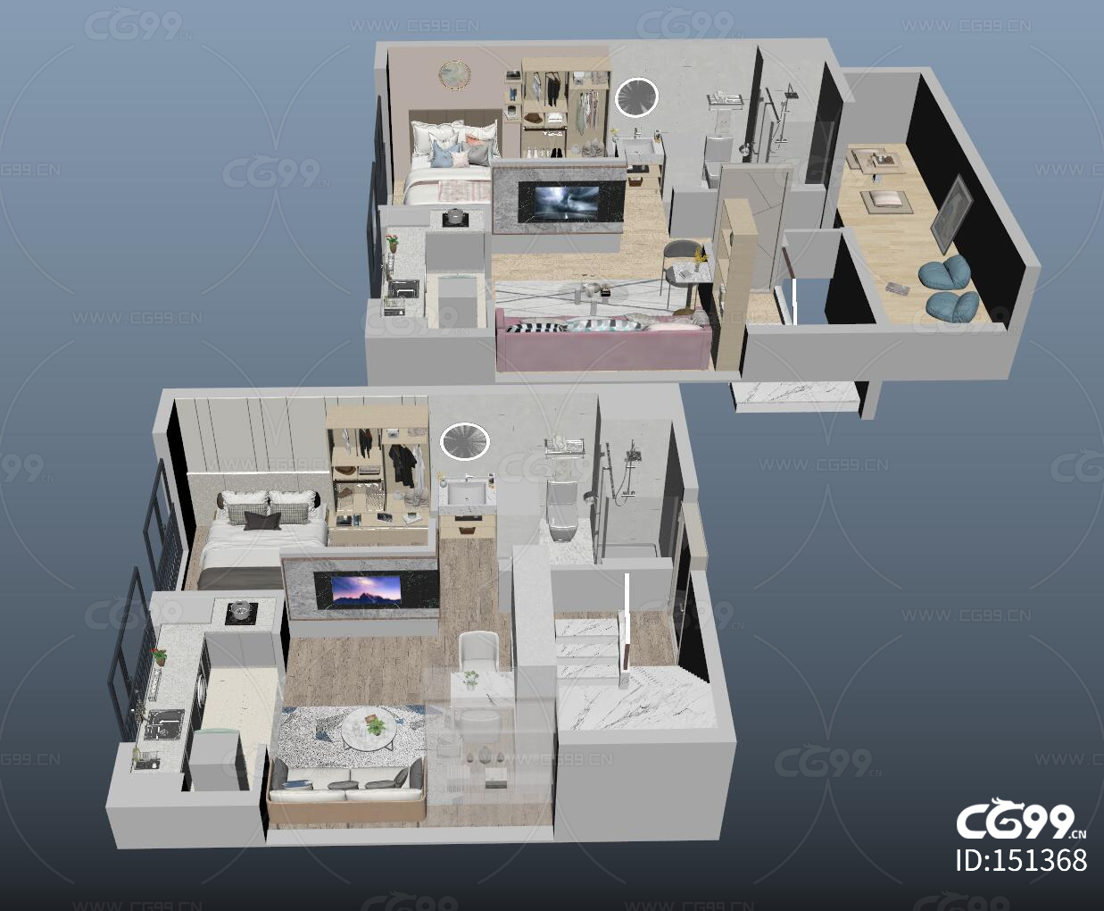 复式公寓上下层设计户型3D模型,有blend,max,mb,fbx,obj等格式(网盘下载)_整体效果模型下载-摩尔网CGMOL
