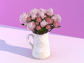 粉色玫瑰白色花瓶 3d模型