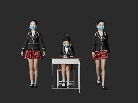 戴口罩人物 戴口罩小学生 学生 课桌 3d模型
