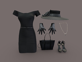 贵妇服饰 衣服套装 黑色礼服 帽子 礼服套装 衣服 裙子 女性服装 3d模型