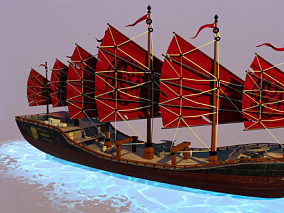 古代商船 写实场景 大海 帆船 日本江户时代船只 多种文件格式 3d模型