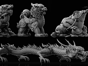 龙龟 石狮子 貔貅 中国龙 蟾蜍 中式雕塑模型 神兽招财 金钱 貔貅 瑞兽 石雕