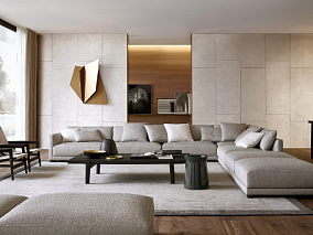 浅金色灰色现代室内沙发模型 客厅模型 客厅c4d模型 植物模型 茶几模型 椅子模型