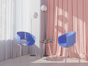 粉色窗帘 日光浴 后现代设计感椅子 桌子 书本 灯具 室内家居 卧室空间 客厅沙发 电商简约清新