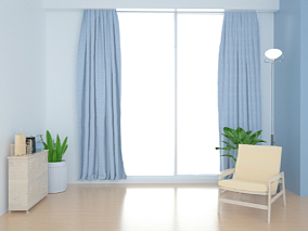 落地窗 蓝色波浪纹窗帘 绿植 桌椅 室内家居 卧室空间 客厅休闲空间 办公会客厅 沙发