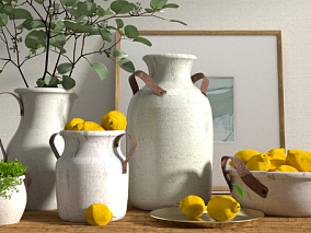 静物摆件 温馨室内生活场景 桌上柠檬场景工程 柠檬工程 柠檬模型 陶瓷花瓶