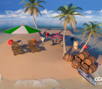 卡通场景 卡通沙滩 Q版椰子树 椰子树 沙滩 酒桶 度假小岛 冲浪板 3d模型 海岸度假地区