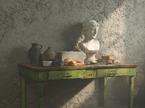 静物素描 石膏雕像 桌子 面包 盆罐 古书