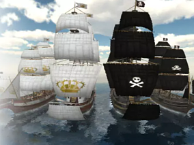 unity模型 海盗船 大海 岛屿 建筑 帆船 树木