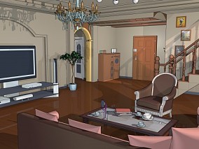 漫画卡通场景 室内 现代客厅 中式家具 沙发 椅子 电视柜  3d模型