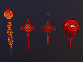 PBR 中式春节挂件 福字 春节 鞭炮装饰挂件 中国结 喜庆 新年喜庆 新年 过年道具