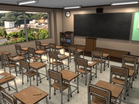 blender 学校 教室 室内 房间  桌椅 黑板