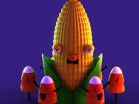 blender 七个模型组合 超酷风格 卡通玉米 房屋 水果蔬菜 幽灵动物 南瓜 3d模型