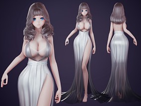 原创可商用晚礼服二次元巨乳沟吊带长裙SD娃娃卷发美女性感裸模人体乳房虚拟偶像手办内衣比基尼露背
