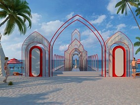 现代沙滩建筑 网红打卡点 帐篷 阳伞 婚礼殿堂 海