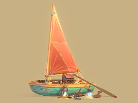 卡通 航海 探险 道具  套装 船只 木船 望远镜 地图 背包 船桨 小船 帆船 快艇
