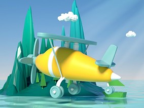 卡通多边形飞机岛屿树木3D模型