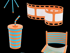 摄像机 胶卷 摄像灯 沙滩椅 电影相关元素立体模型