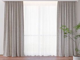 室内现代窗帘，纱帘，家具模型，盆栽植物