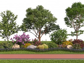 现代景观植物园艺小品，灌木鲜花，树木花草，堆花石头