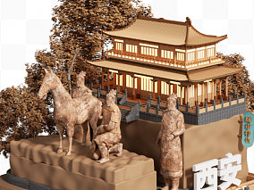 3D立体卡通特色城市 西安兵马俑 美食创意场景模型素材