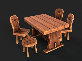 卡通桌椅 卡通家具 场景素材 游戏道具 桌子 椅子 木桌 木椅
