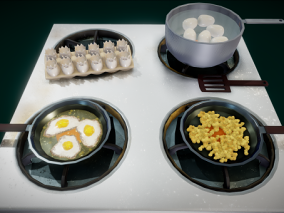 煮鸡蛋   煎鸡蛋   爆米花  鸡蛋  蛋壳  早餐    卡通食品  煎锅