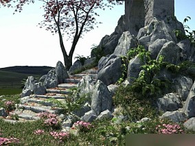 【场景32】一段石头楼梯蜿蜒向上，路旁树木参差错落，楼梯顶上有一个石头拱门