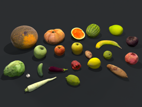 UE5水果蔬菜组合，香蕉，西瓜，洋葱，南瓜，茄子，大蒜，黄瓜，卷心菜，青椒
